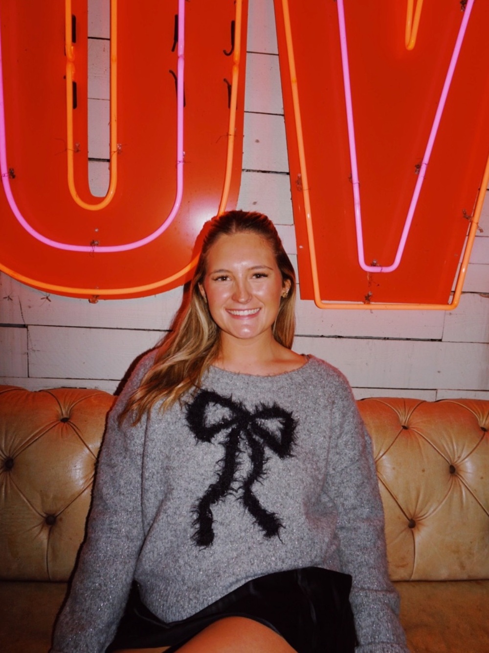 Maeve Gray Crewneck Sweater with Black Bow Accent